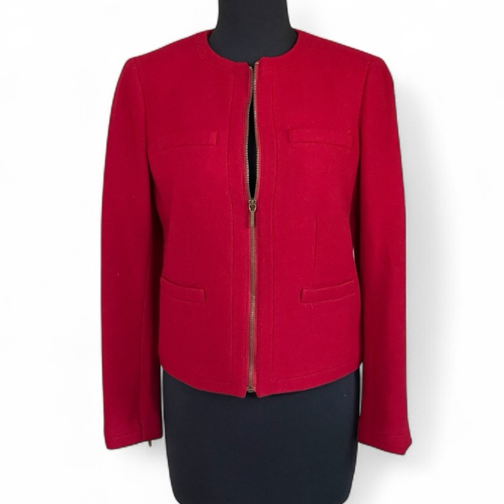 Lauren Ralph Lauren Red Wool Blend Women's Blazer Sz 4 Zipper Jacket Collarless - Picture 6 of 13